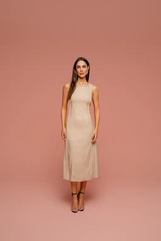 Vestido Linho Com Detalhes Frontais