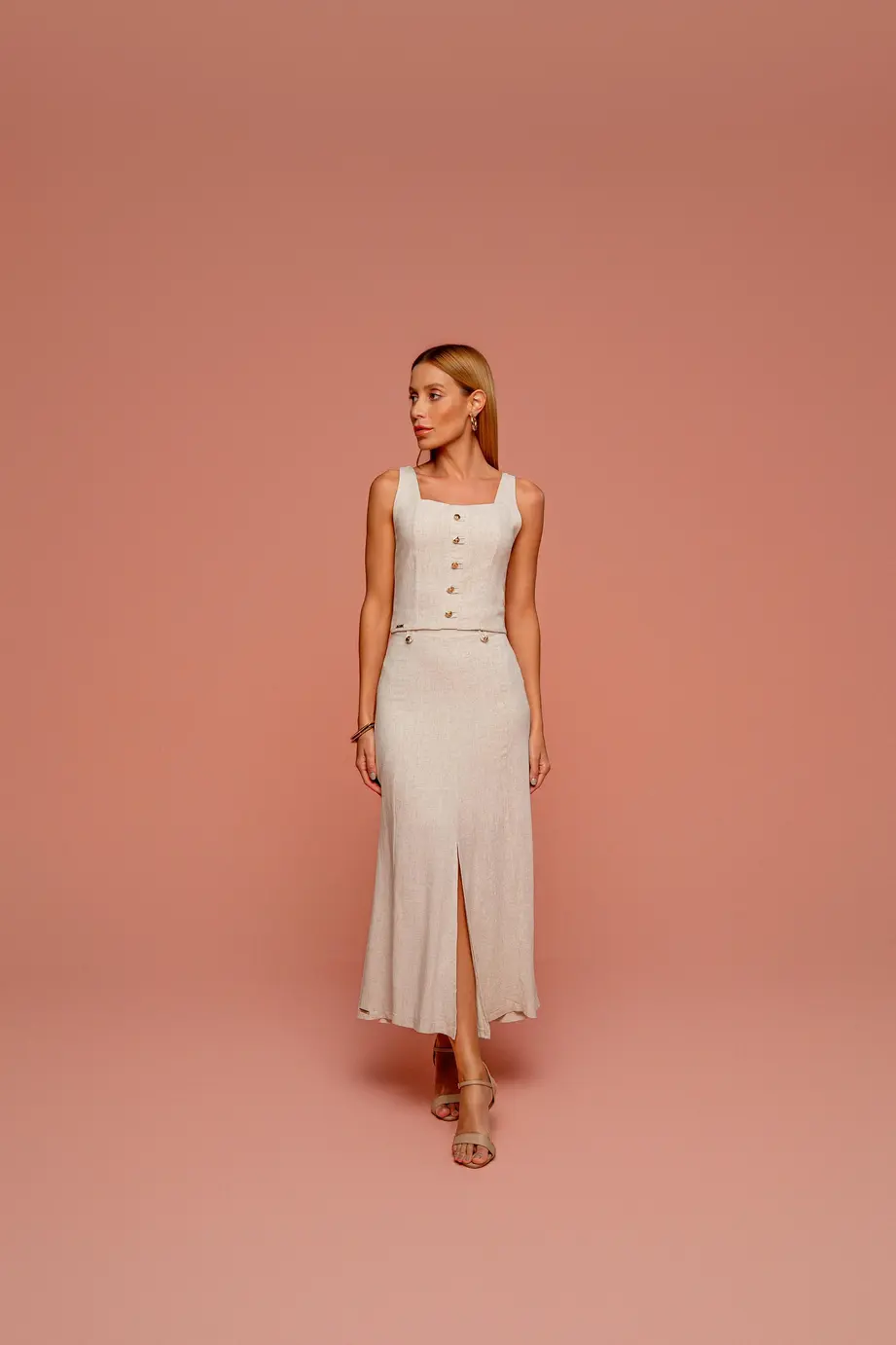 Saia Linho Midi Com Fenda