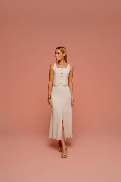 Saia Linho Midi Com Fenda