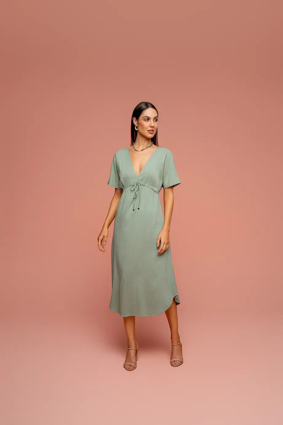 Vestido Linho Com Manga Ampla