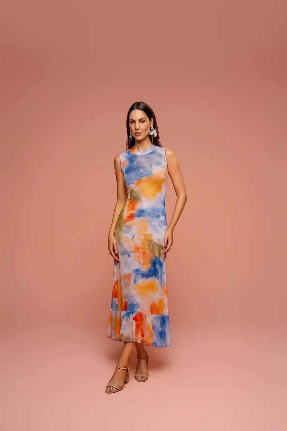 Vestido Longo Em Tule Sublimado Com Anagua